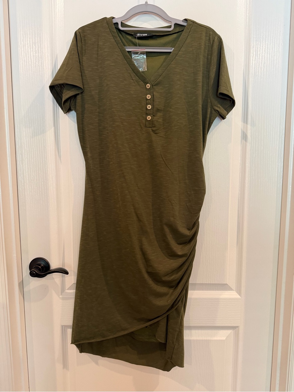 Olive Green Henley Midi Dress with Side Ruching